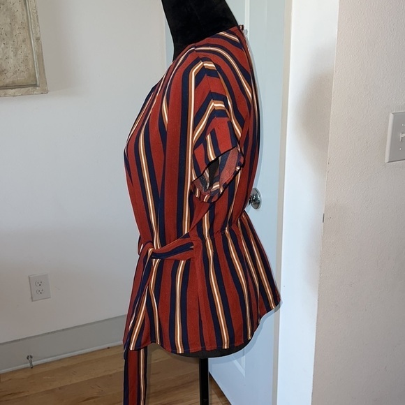 Monteau Sz L waisted tie front elastic back short sleeves stripes - Picture 3 of 5